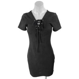 Orcelly Faux Suede Leather Black Lace Up Crisscross Short Sleeve Mini Dress Sz S